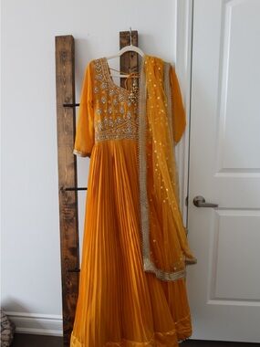 Golden Yellow Embellished Anarkali Dress with Dupatta